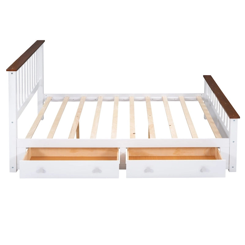 Lit plateforme en bois Queen Size avec deux tiroirs et sommier à lattes, blanc et noyer-6