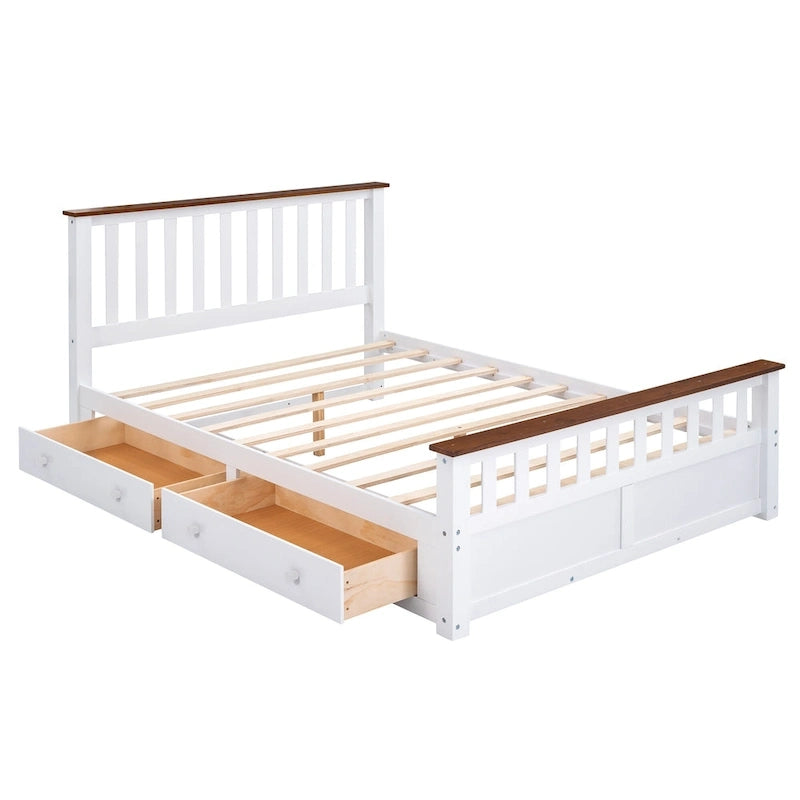 Lit plateforme en bois Queen Size avec deux tiroirs et sommier à lattes, blanc et noyer-9