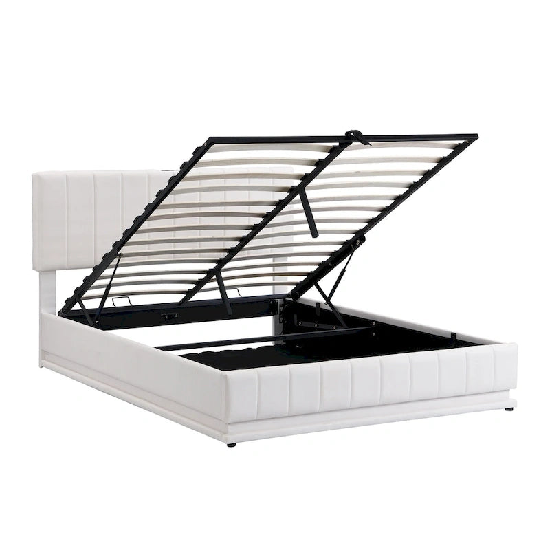 Lit Queen Size capitonné avec système de rangement hydraulique et éclairage LED, lit plateforme moderne avec prises et ports USB, noir-10