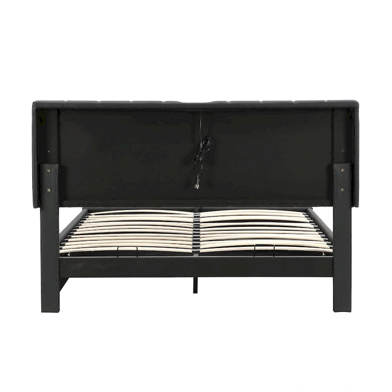 Lit Queen Size capitonné avec système de rangement hydraulique et éclairage LED, lit plateforme moderne avec prises et ports USB, noir-14