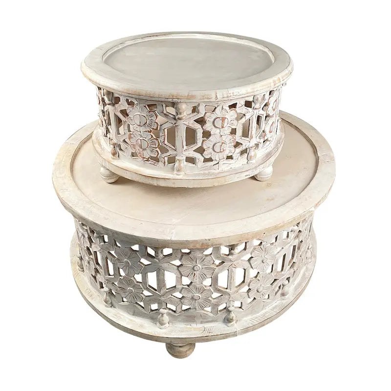 Ensemble de deux tables basses rondes en bois de 76 cm (30 pouces), décor floral sculpté, blanc antique-3