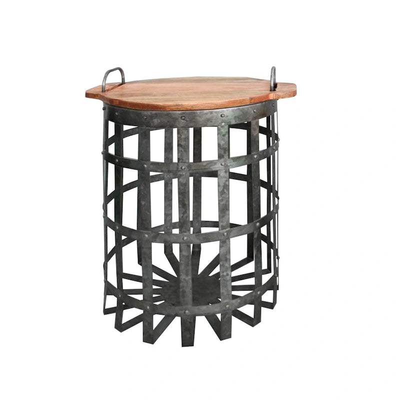 Table d'appoint industrielle galvanisée à grille avec couvercle rond et poignées, lot de 2, gris et marron-2