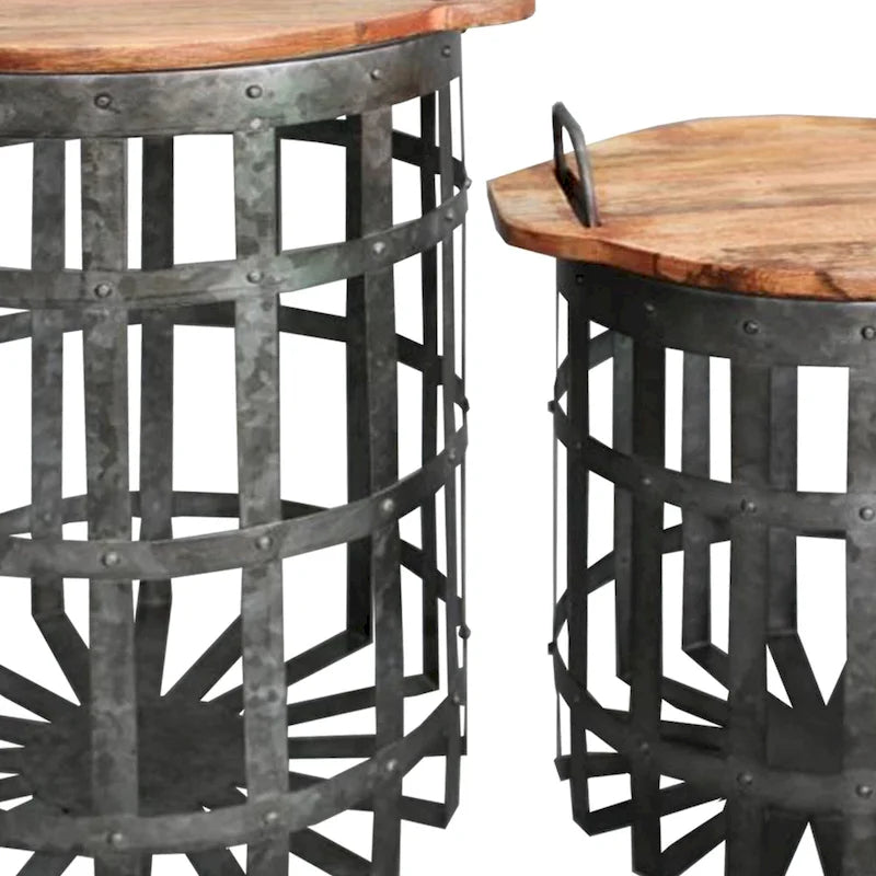 Table d'appoint industrielle galvanisée à grille avec couvercle rond et poignées, lot de 2, gris et marron-4