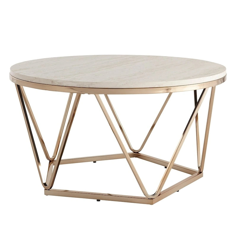 Table basse ronde moderne SEI Furniture Henderson en faux marbre avec piètement géométrique doré-5
