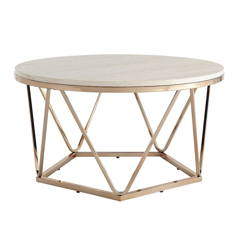 Table basse ronde moderne SEI Furniture Henderson en faux marbre avec piètement géométrique doré-6