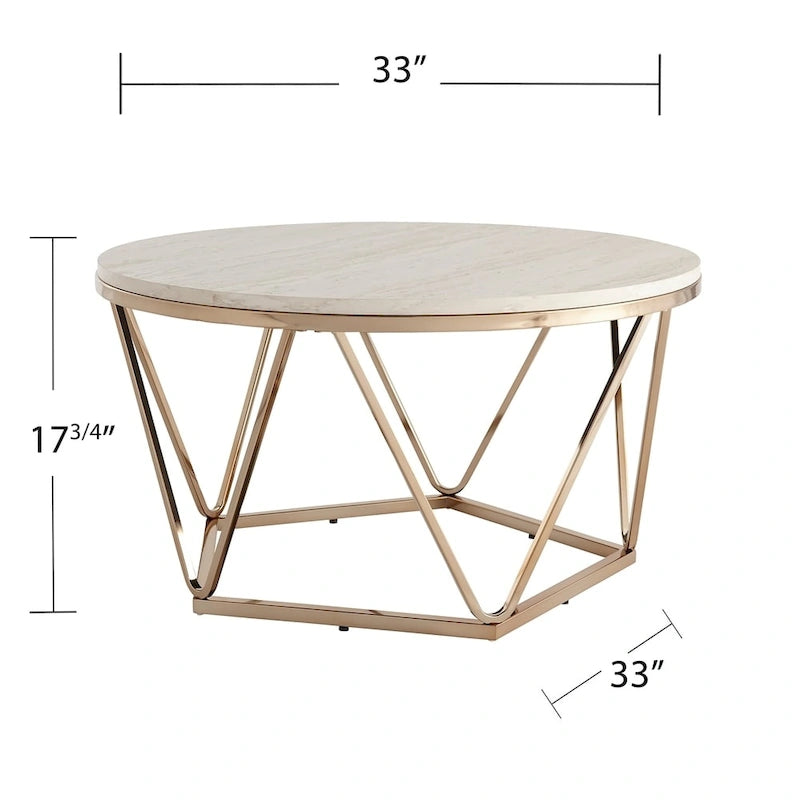 Table basse ronde moderne SEI Furniture Henderson en faux marbre avec piètement géométrique doré-9
