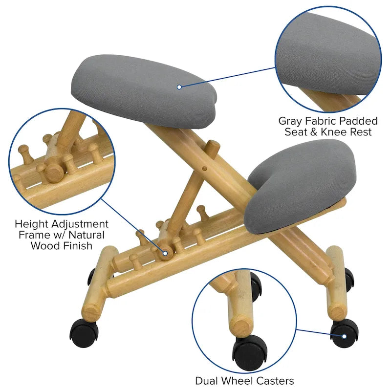 Chaise de bureau ergonomique mobile en bois, à genoux, revêtue de tissu gris-3