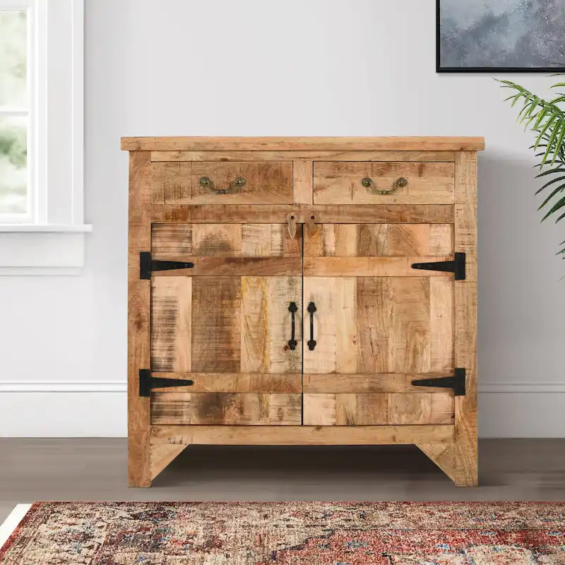 Console de style ferme artisanale de 99 cm (39 pouces) en bois de manguier, avec 2 tiroirs et 2 portes de rangement, couleur marron rustique-2