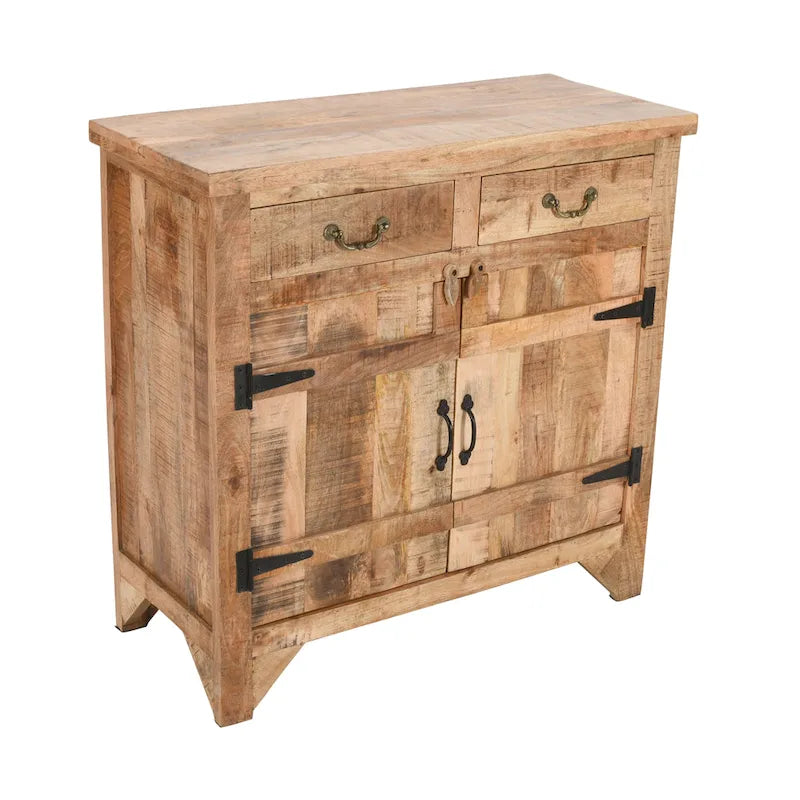 Console de style ferme artisanale de 99 cm (39 pouces) en bois de manguier, avec 2 tiroirs et 2 portes de rangement, couleur marron rustique-5