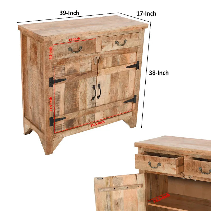 Console de style ferme artisanale de 99 cm (39 pouces) en bois de manguier, avec 2 tiroirs et 2 portes de rangement, couleur marron rustique-10