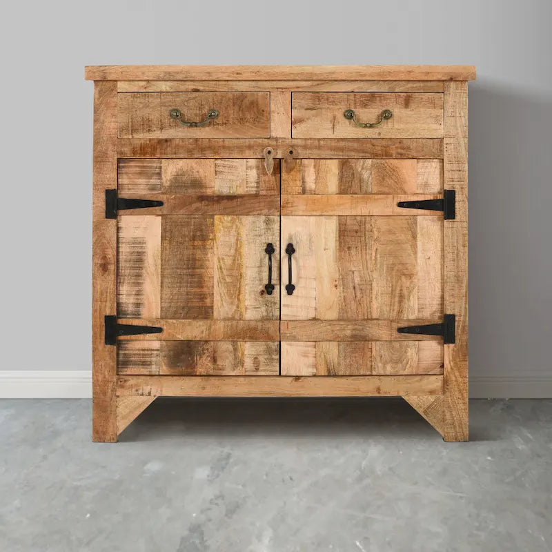 Console de style ferme artisanale de 99 cm (39 pouces) en bois de manguier, avec 2 tiroirs et 2 portes de rangement, couleur marron rustique-11