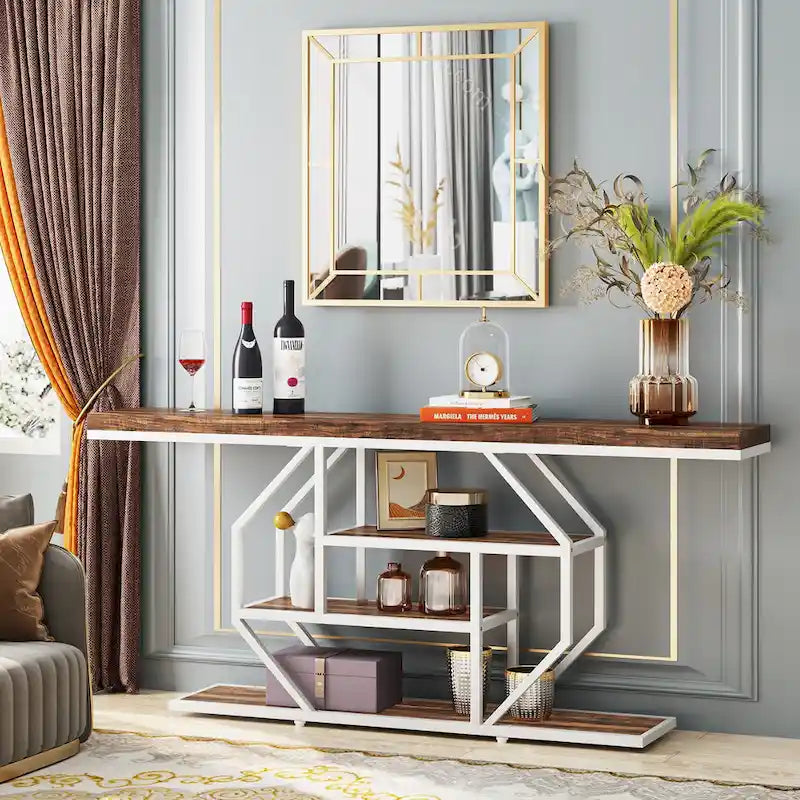 Console extra longue de 180 cm (70,9 pouces), table d'appoint moderne à placer derrière un canapé, table d'entrée imitation marbre pour salon ou couloir-3