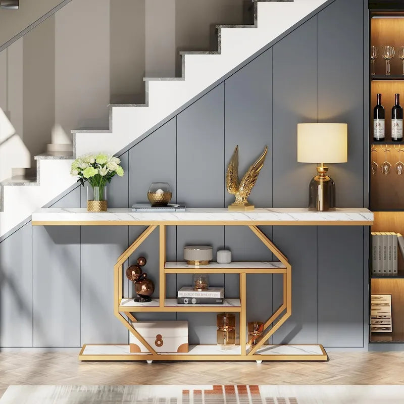 Console extra longue de 180 cm (70,9 pouces), table d'appoint moderne à placer derrière un canapé, table d'entrée imitation marbre pour salon ou couloir-5