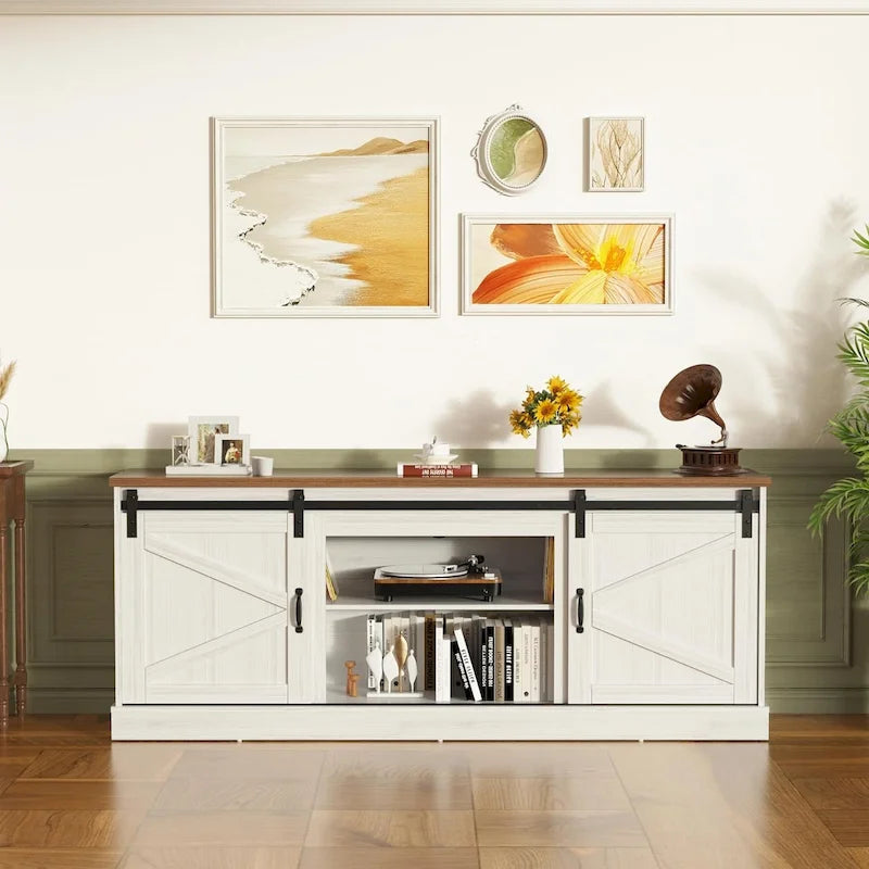 Meuble TV style ferme de 67 pouces avec grand placard, porte coulissante de style grange et cheminée-17