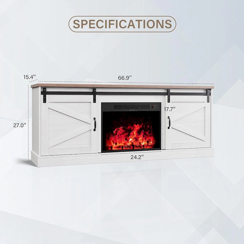 Meuble TV style ferme de 67 pouces avec grand placard, porte coulissante de style grange et cheminée-4