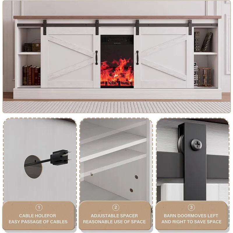 Meuble TV style ferme de 67 pouces avec grand placard, porte coulissante de style grange et cheminée-5