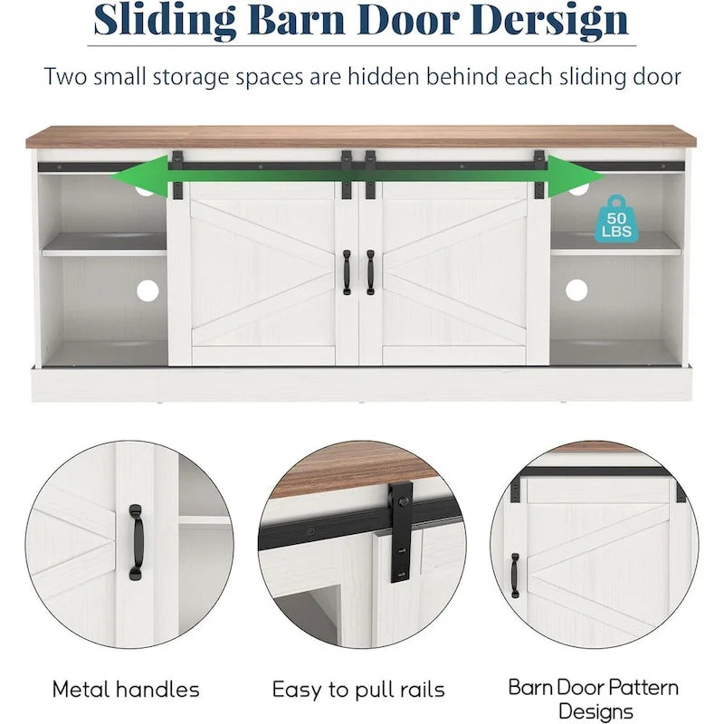 Meuble TV style ferme de 67 pouces avec grand placard, porte coulissante de style grange et cheminée-6
