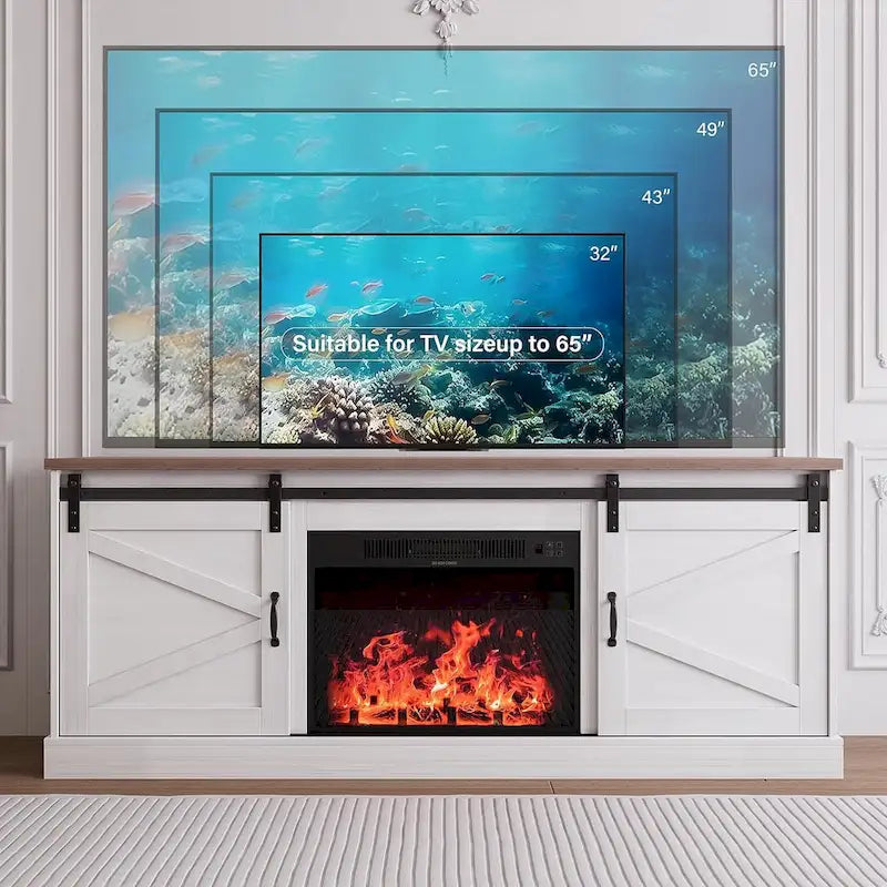Meuble TV style ferme de 67 pouces avec grand placard, porte coulissante de style grange et cheminée-8