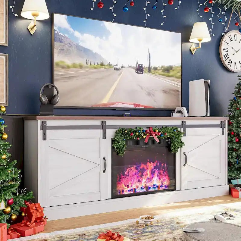 Meuble TV style ferme de 67 pouces avec grand placard, porte coulissante de style grange et cheminée-9