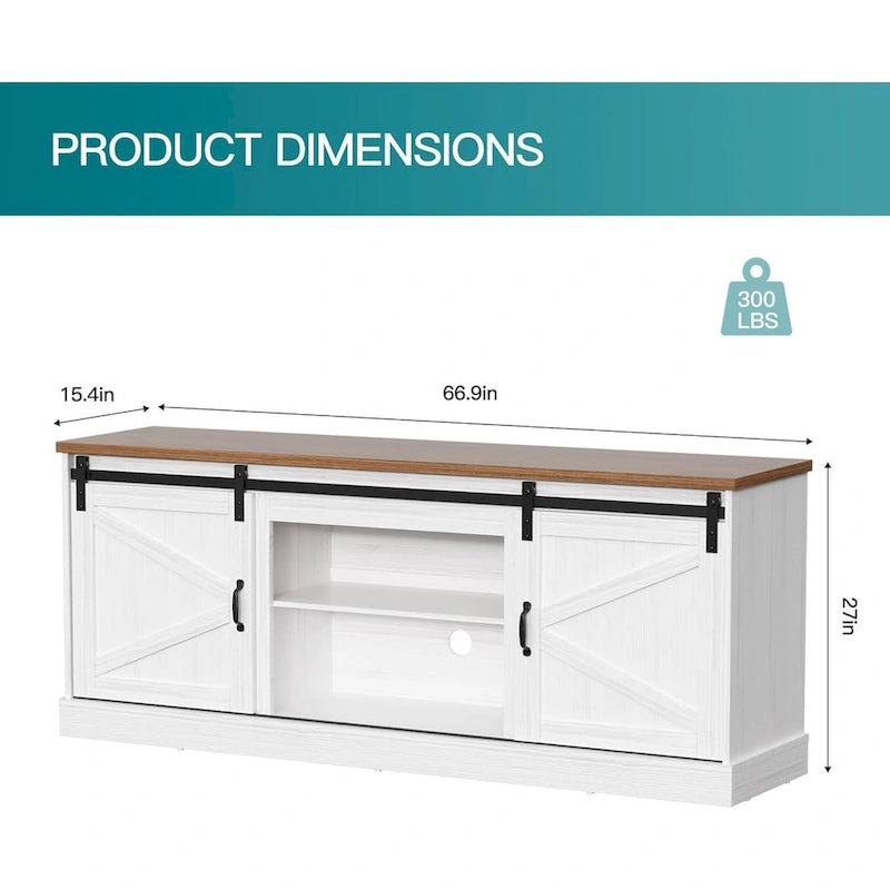 Meuble TV style ferme de 67 pouces avec grand placard, porte coulissante de style grange et cheminée-11