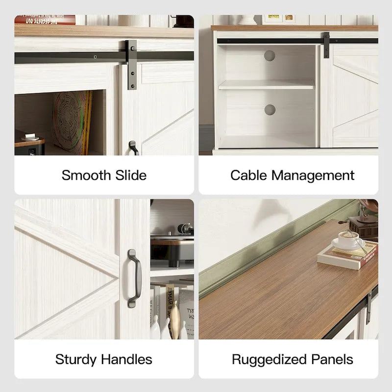 Meuble TV style ferme de 67 pouces avec grand placard, porte coulissante de style grange et cheminée-12
