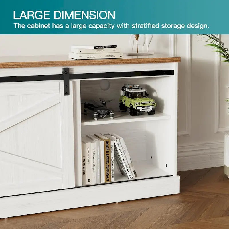 Meuble TV style ferme de 67 pouces avec grand placard, porte coulissante de style grange et cheminée-13