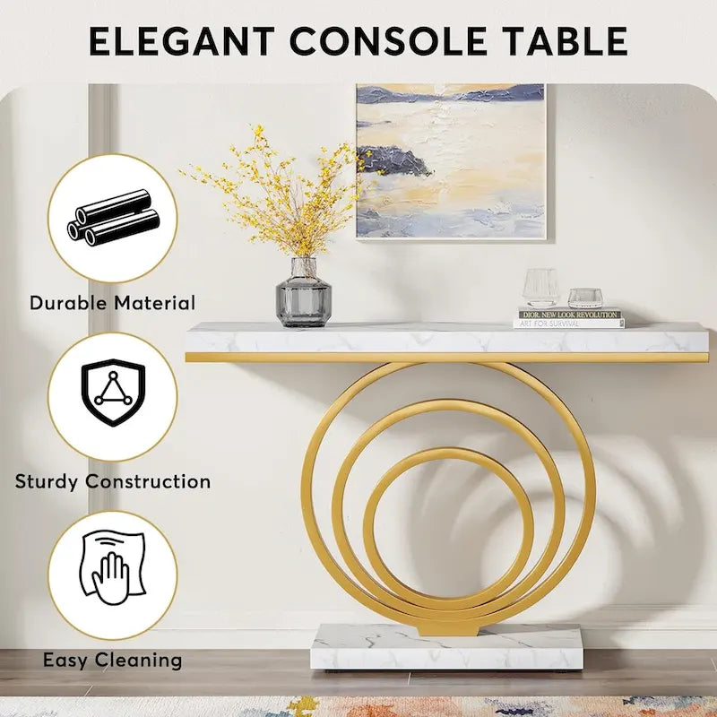 Table console dorée de 104 cm (41 pouces), table d'appoint moderne pour salon, couloir ou entrée, plateau en placage imitation marbre.-5