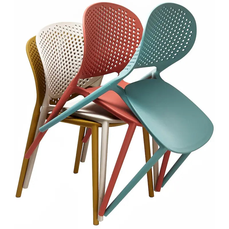 Chaise de jardin moderne en plastique empilable, sans accoudoirs, avec dossier à pois, idéale pour l'intérieur ou l'extérieur. Protection UV. Convient pour le jardin, la terrasse ou les repas en intérieur ou en extérieur.-4
