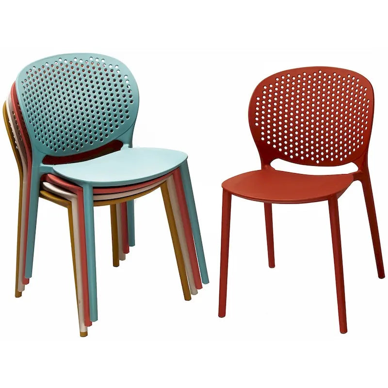 Chaise de jardin moderne en plastique empilable, sans accoudoirs, avec dossier à pois, idéale pour l'intérieur ou l'extérieur. Protection UV. Convient pour le jardin, la terrasse ou les repas en intérieur ou en extérieur.-5