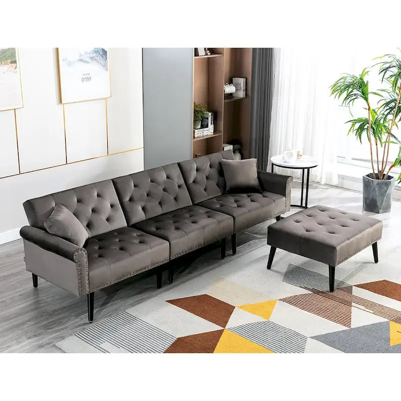 Convertible Velvet Sofa Couch, Sectional Sofa with Ottoman, Mid-Century Futon Sofa Bed - 32D x 100.7W x 29.9H