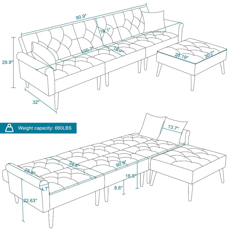 Canapé-lit convertible en velours, canapé d'angle avec pouf, style milieu du siècle - 81 cm (P) x 256 cm (L) x 76 cm (H)-7