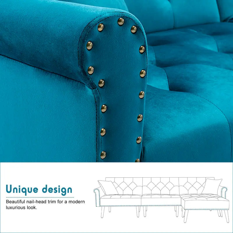 Canapé-lit convertible en velours, canapé d'angle avec pouf, style milieu du siècle - 81 cm (P) x 256 cm (L) x 76 cm (H)-12