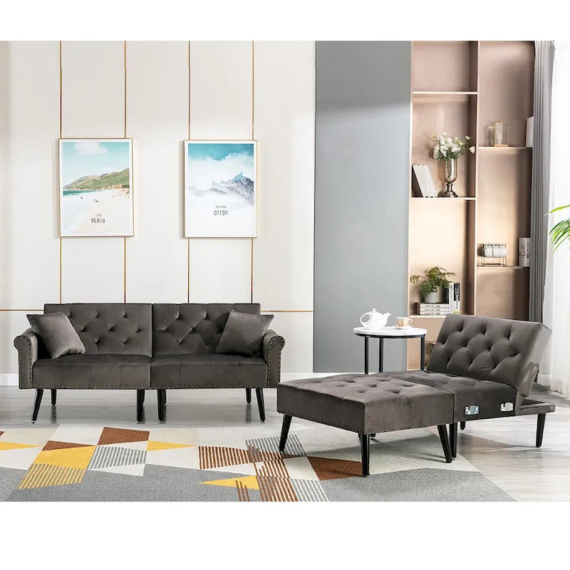 Canapé-lit convertible en velours, canapé d'angle avec pouf, style milieu du siècle - 81 cm (P) x 256 cm (L) x 76 cm (H)-16