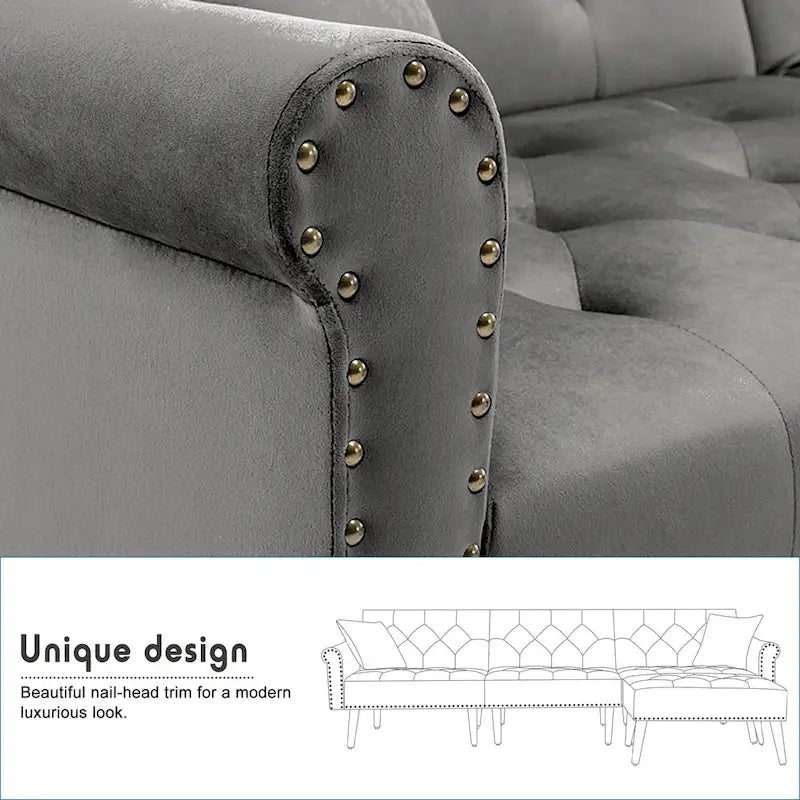 Canapé-lit convertible en velours, canapé d'angle avec pouf, style milieu du siècle - 81 cm (P) x 256 cm (L) x 76 cm (H)-20