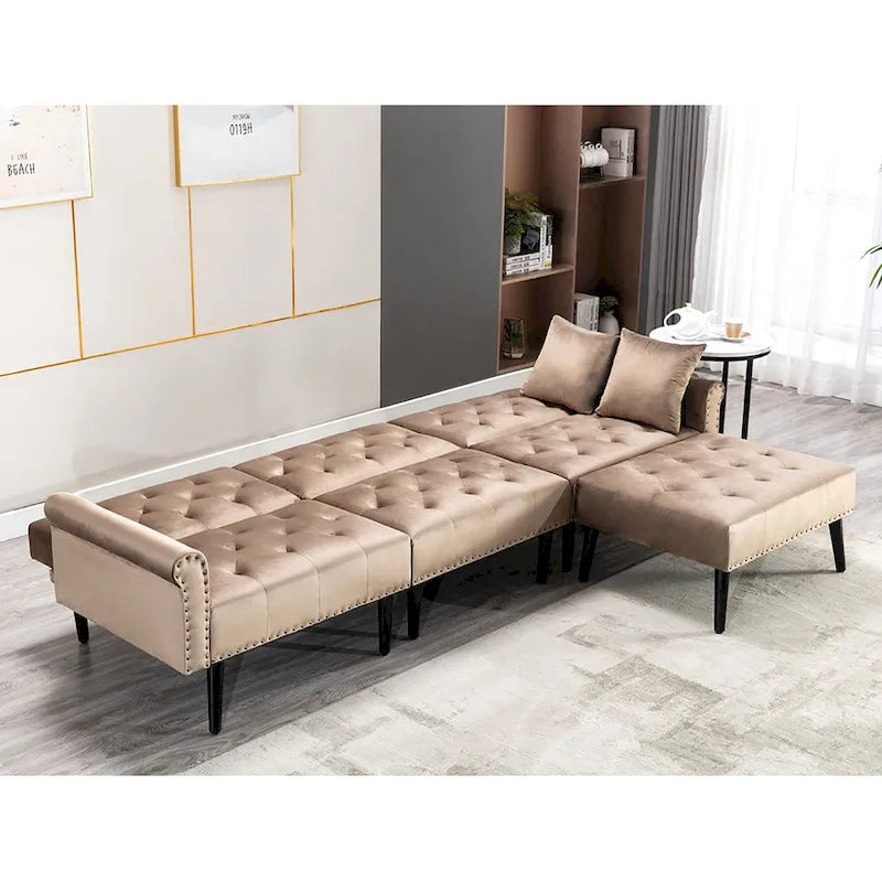 Canapé-lit convertible en velours, canapé d'angle avec pouf, style milieu du siècle - 81 cm (P) x 256 cm (L) x 76 cm (H)-23