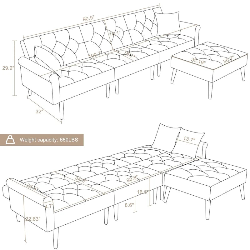 Canapé-lit convertible en velours, canapé d'angle avec pouf, style milieu du siècle - 81 cm (P) x 256 cm (L) x 76 cm (H)-24