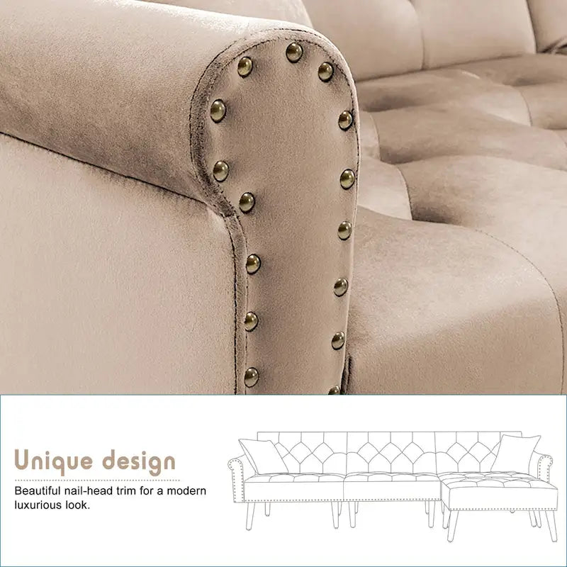 Canapé-lit convertible en velours, canapé d'angle avec pouf, style milieu du siècle - 81 cm (P) x 256 cm (L) x 76 cm (H)-27