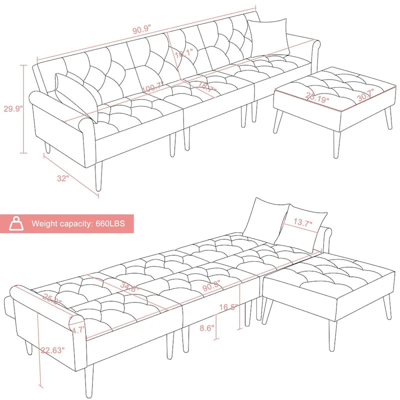 Canapé-lit convertible en velours, canapé d'angle avec pouf, style milieu du siècle - 81 cm (P) x 256 cm (L) x 76 cm (H)-32