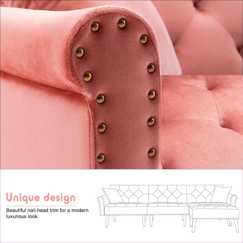 Canapé-lit convertible en velours, canapé d'angle avec pouf, style milieu du siècle - 81 cm (P) x 256 cm (L) x 76 cm (H)-36