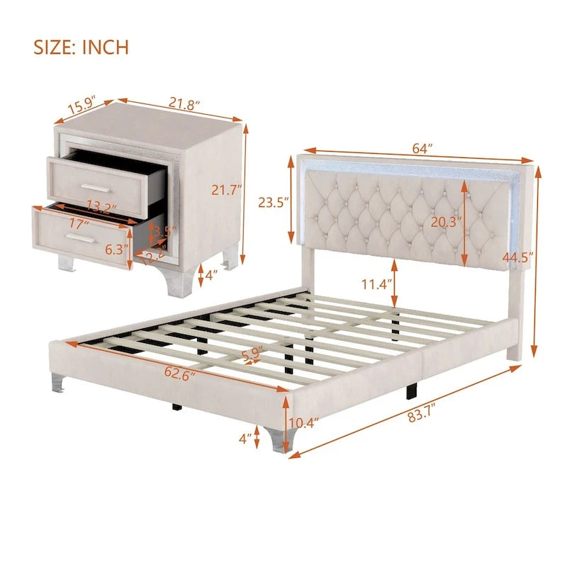 Ensembles de chambre à coucher 3 pièces comprenant un lit plateforme rembourré de taille queen et deux tables de chevet-30