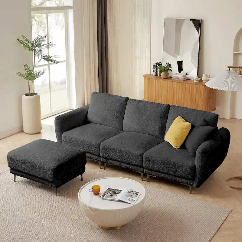 Canapé d'angle convertible 3 places en tissu agneau avec pouf amovible-16