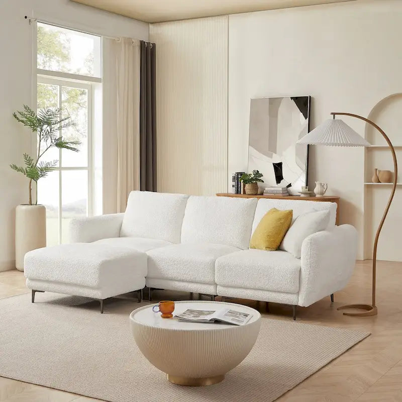 Canapé d'angle convertible 3 places en tissu agneau avec pouf amovible-4