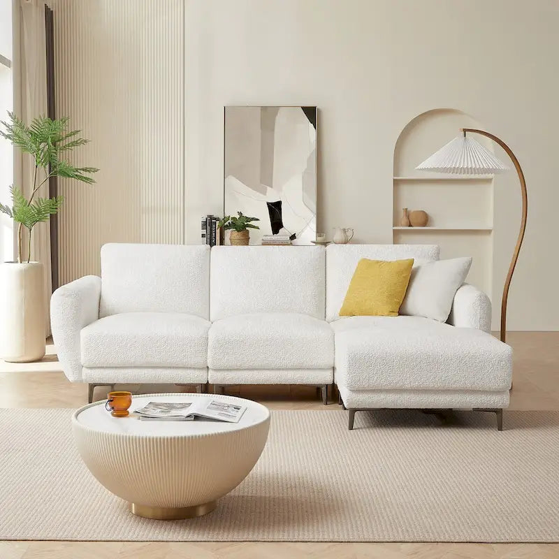 Canapé d'angle convertible 3 places en tissu agneau avec pouf amovible-5