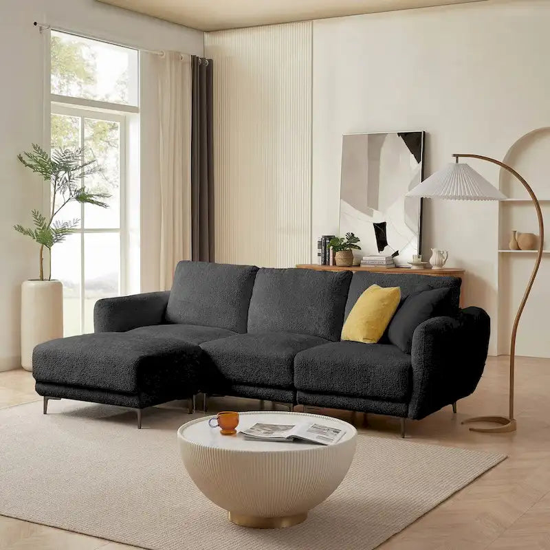 Canapé d'angle convertible 3 places en tissu agneau avec pouf amovible-9