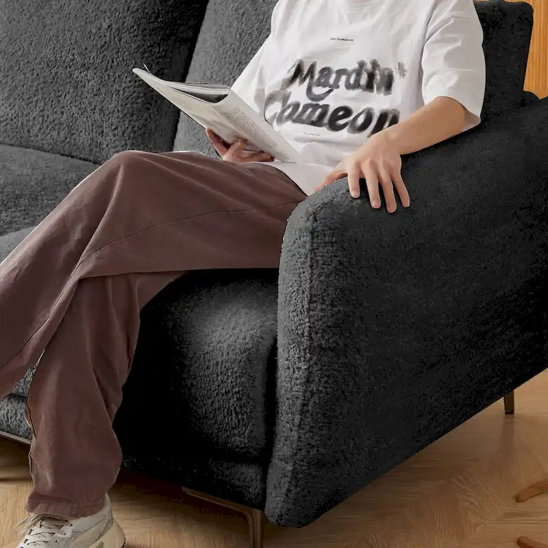 Canapé d'angle convertible 3 places en tissu agneau avec pouf amovible-11