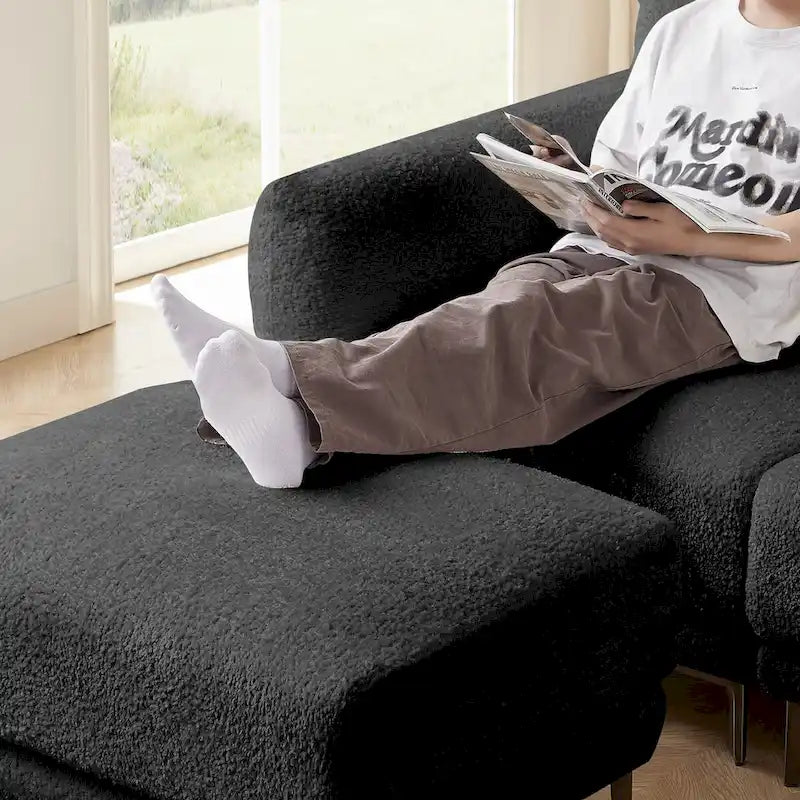 Canapé d'angle convertible 3 places en tissu agneau avec pouf amovible-12