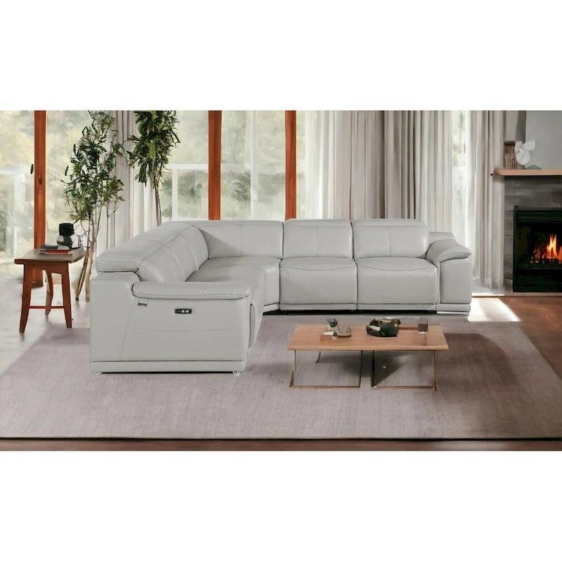 HomeRoots Light Gray Italian Leather Power Reclining U Shaped Five Piece Corner Sectional With Console - 110