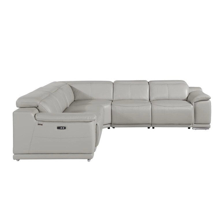 Canapé d'angle en forme de U, cinq pièces, en cuir italien gris clair, inclinable électriquement, avec console - 110
