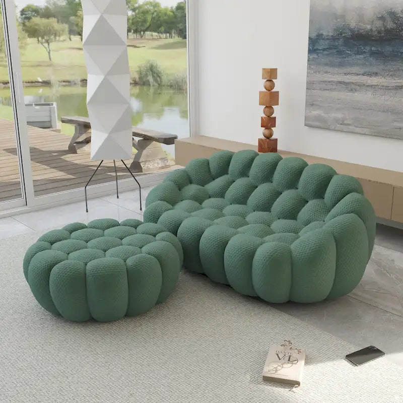 Canapé deux places moderne avec pouf, revêtu de tissu alvéolé 3D.-23
