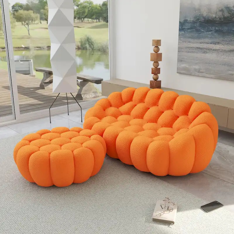 Canapé deux places moderne avec pouf, revêtu de tissu alvéolé 3D.-25